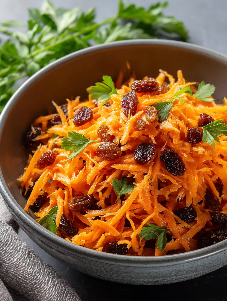 A bowl full of carrots mixed with raisins.