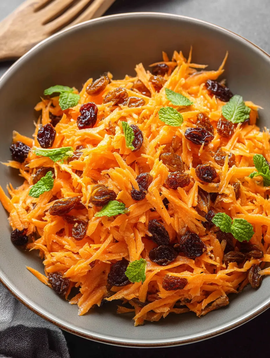 Carrot salad in a bowl mixed with juicy raisins.