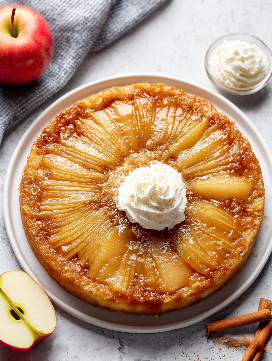 A wedge of apple upside down cake with caramelized fruit on top.