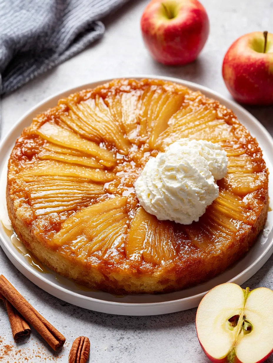 A pretty golden apple upside down cake, just flipped from the pan.