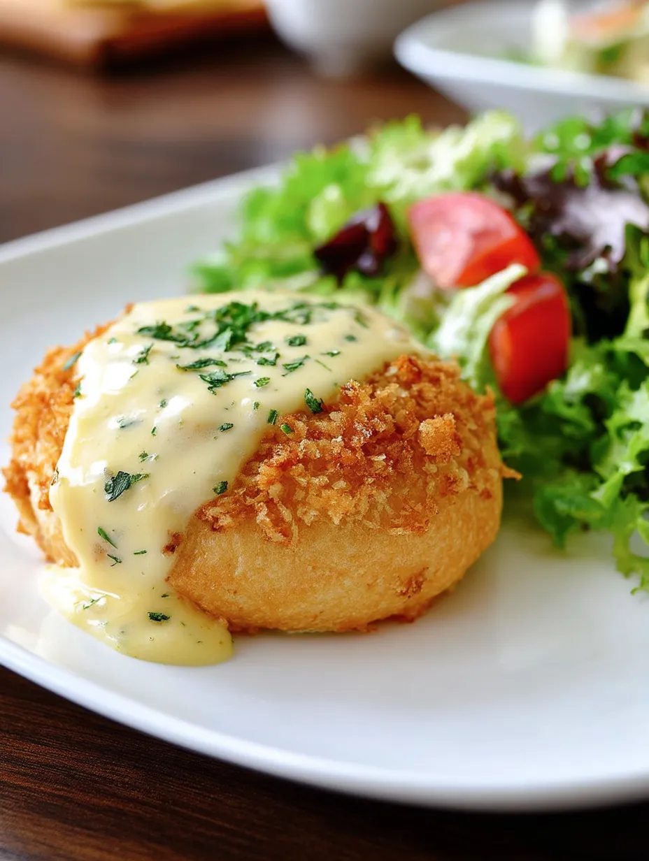 Chicken pillows on a plate with rich Parmesan sauce.