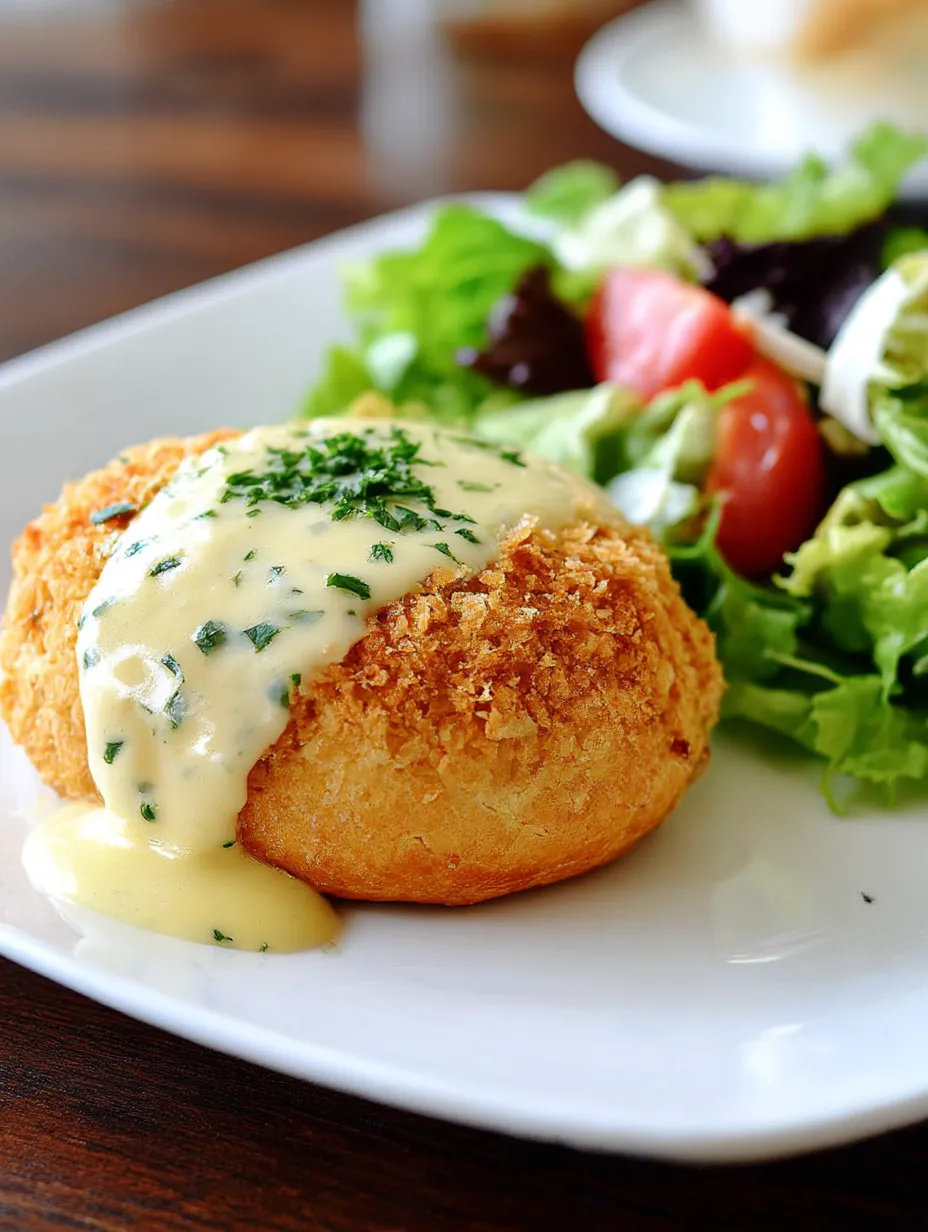 Plated chicken pillows with creamy sauce.