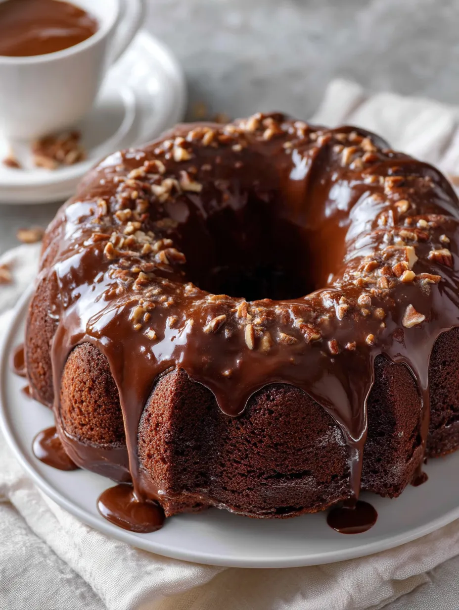 Chocolate cake finished with a layer of pecans on top.