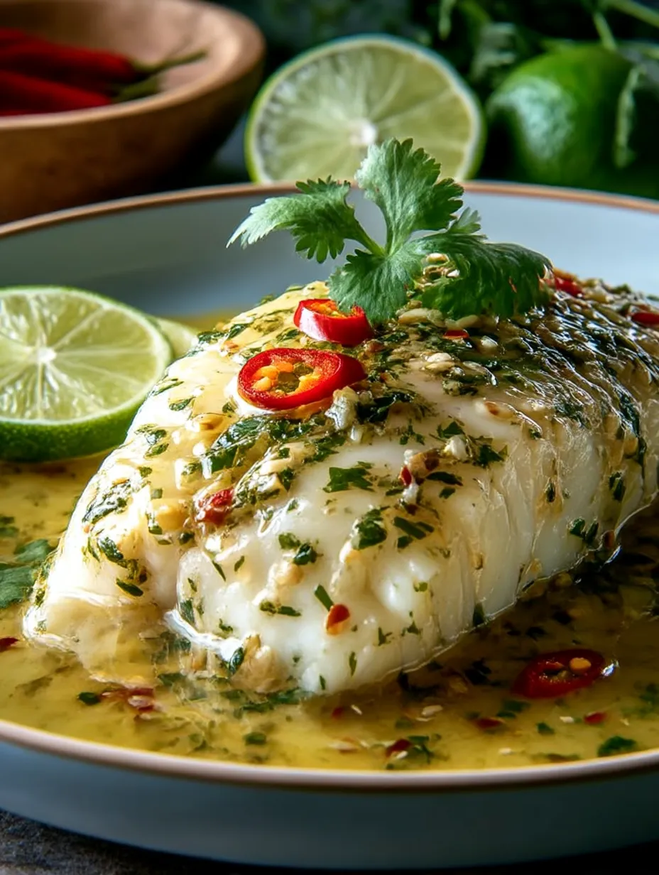 A plate with Thai Lime-Garlic Steamed Fish and herbs.