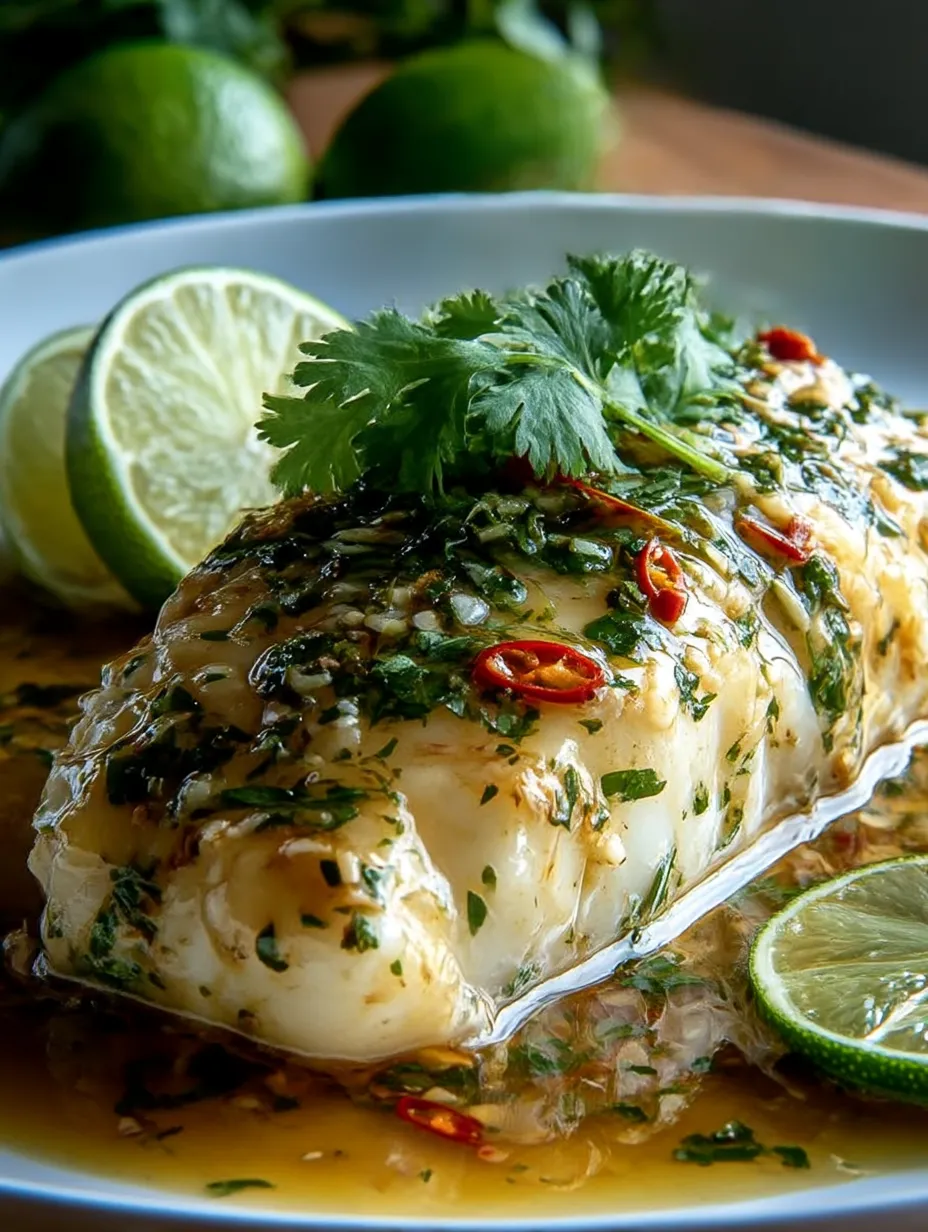 Steamed Fish with Thai lime and garlic, plus fresh herbs.