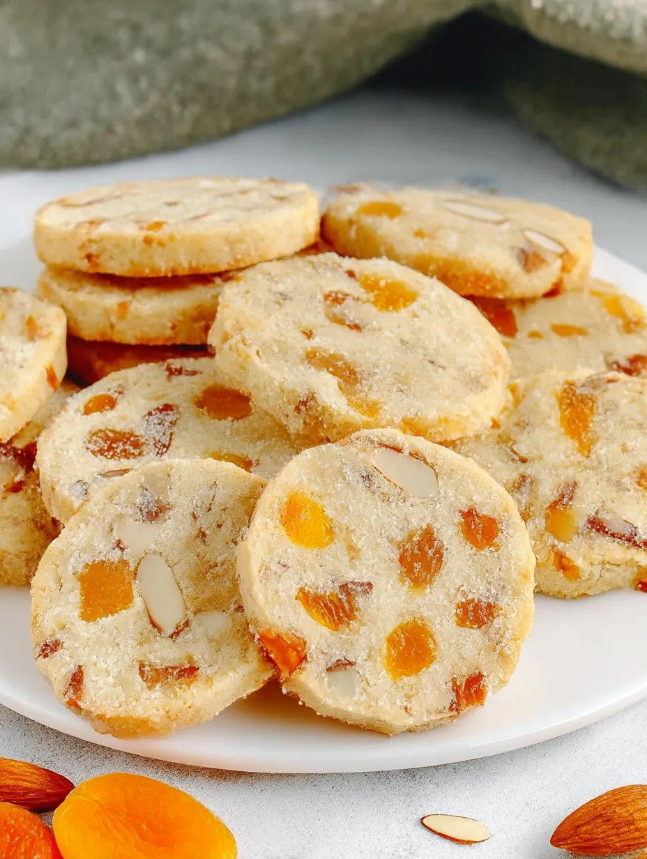 A platter stacked with Apricot Almond Cookies.
