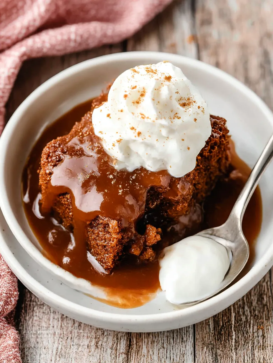 A bowl filled with gingerbread pudding and caramel sauce.