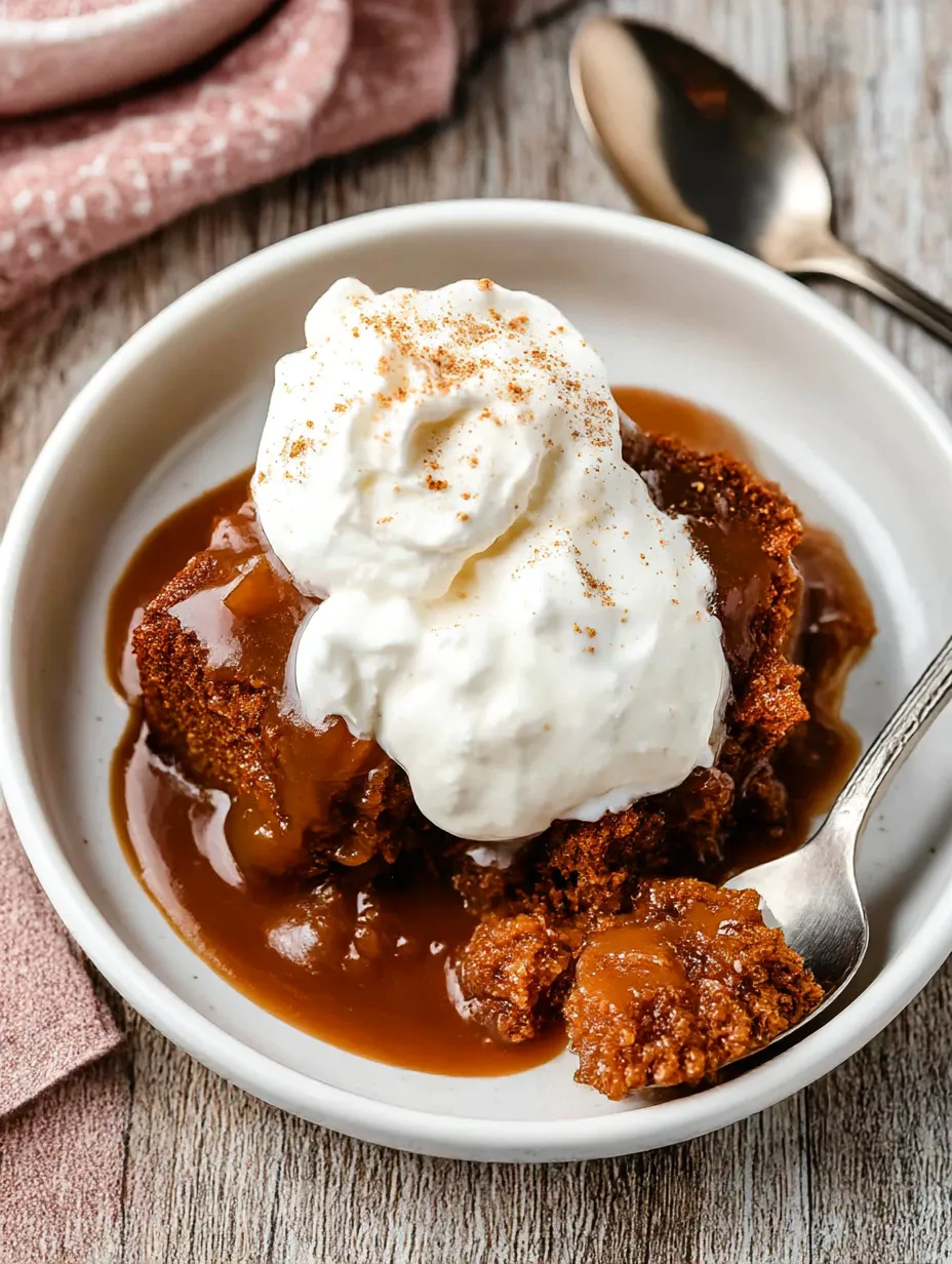 Baked gingerbread pudding with golden sauce in a dish.