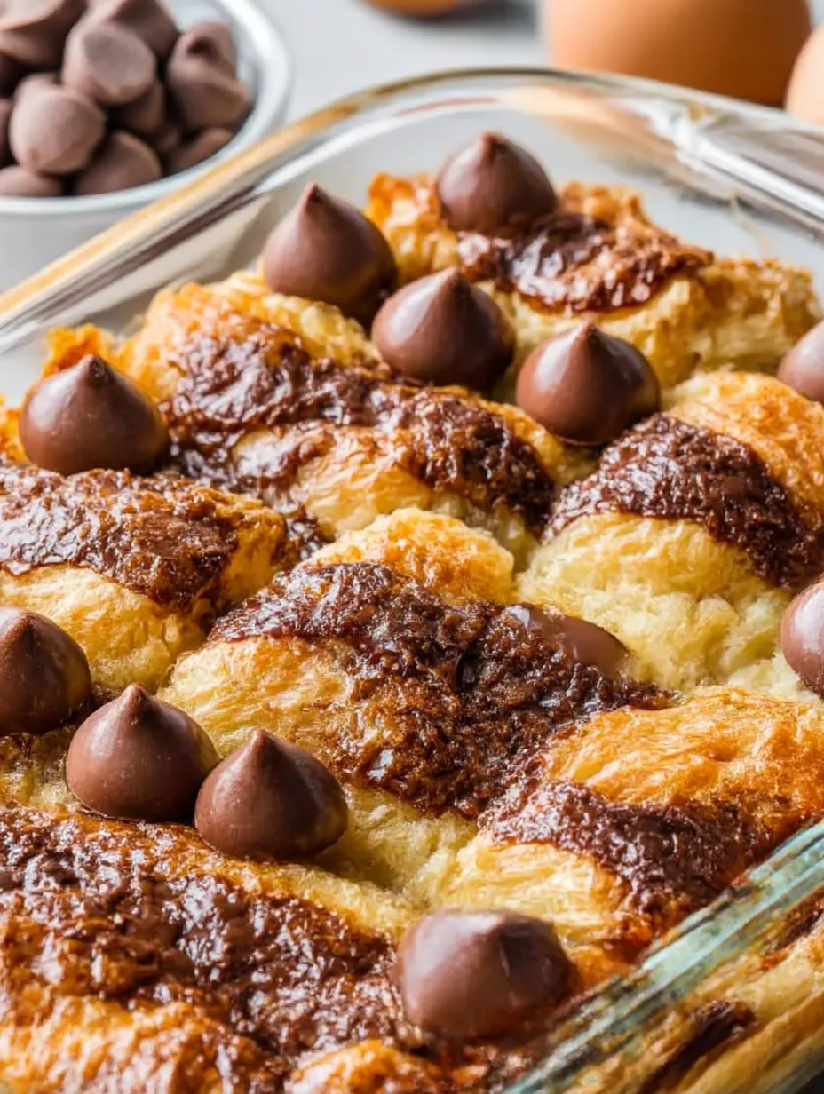 Chocolate pastry up close with lots of chocolate chips peeking out.