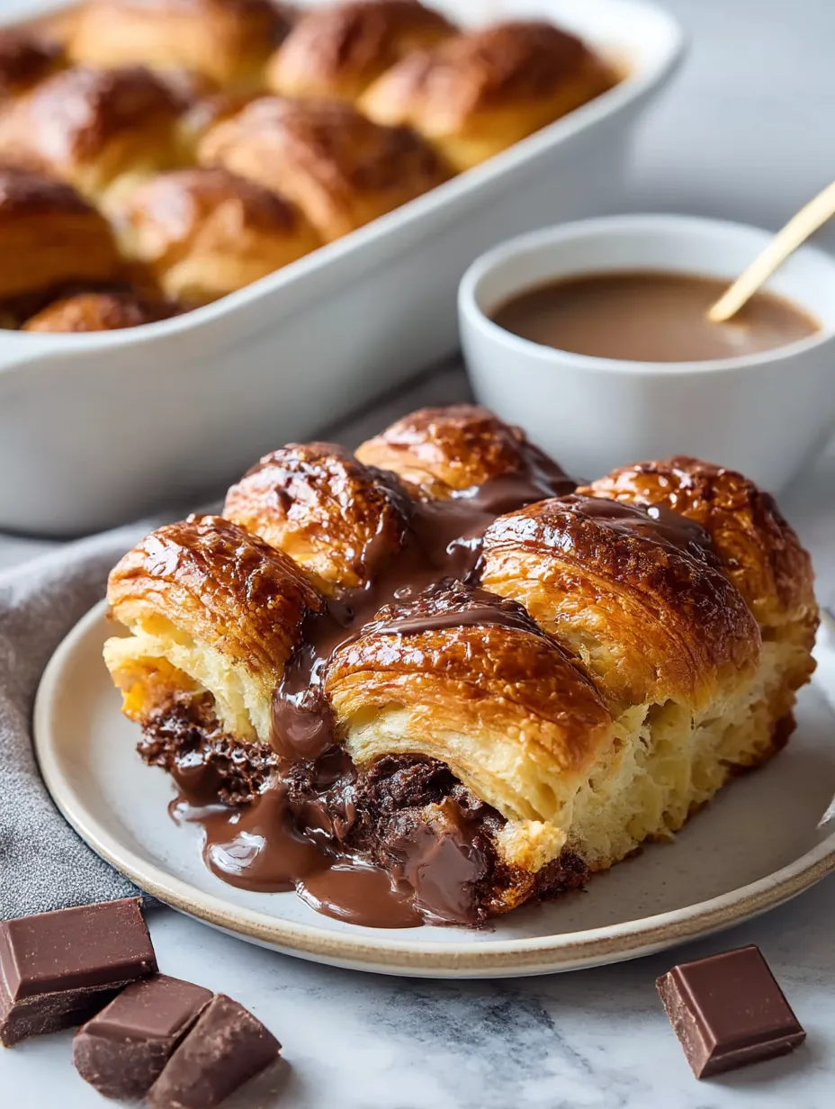 Croissants on a plate swimming in chocolate sauce.