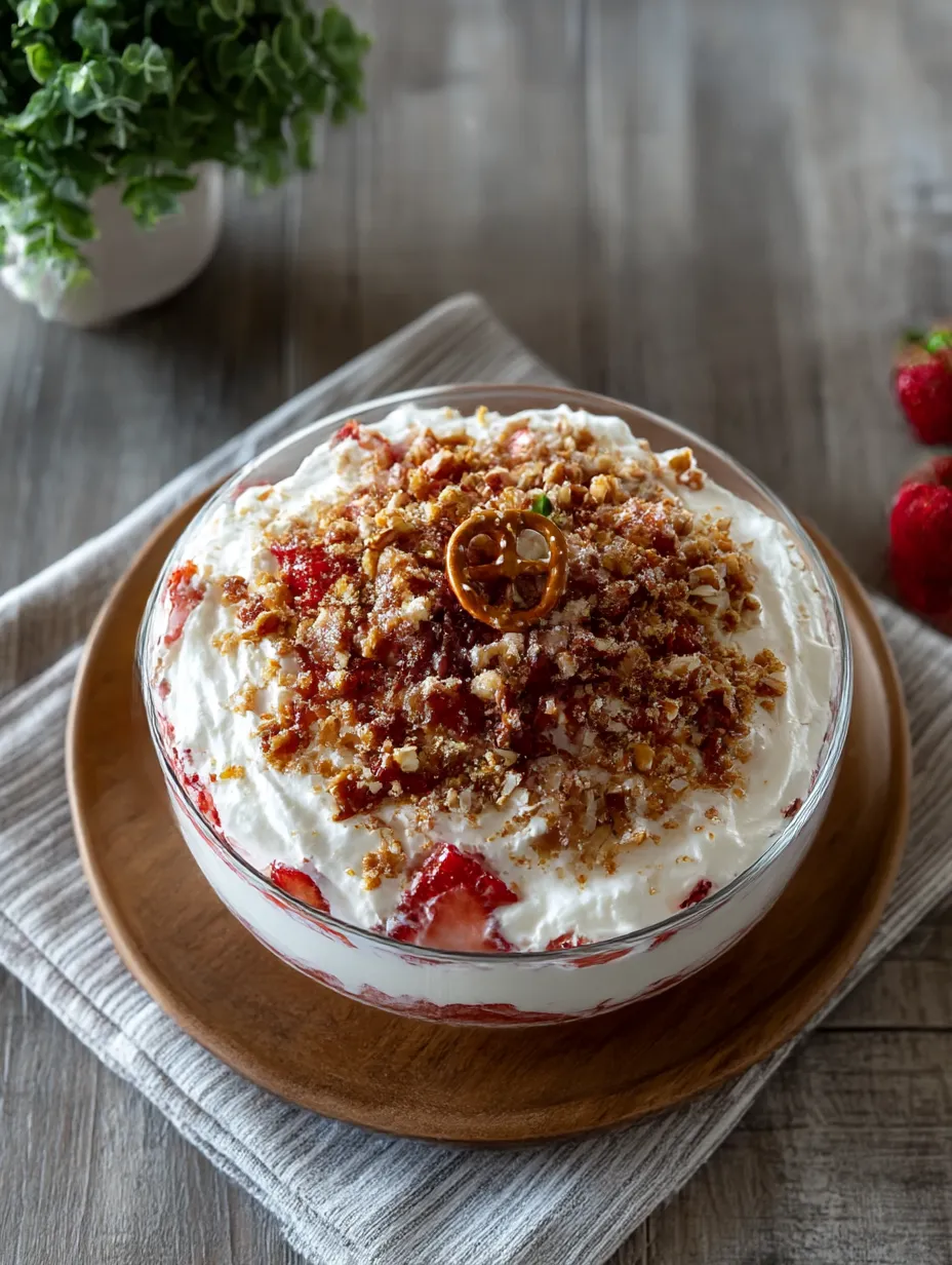 Strawberry Crack Salad in a glass dish topped with crunchy pretzel pecan mix.