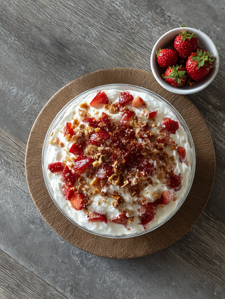 Chilled Strawberry Crack Salad in a white bowl with a spoon.