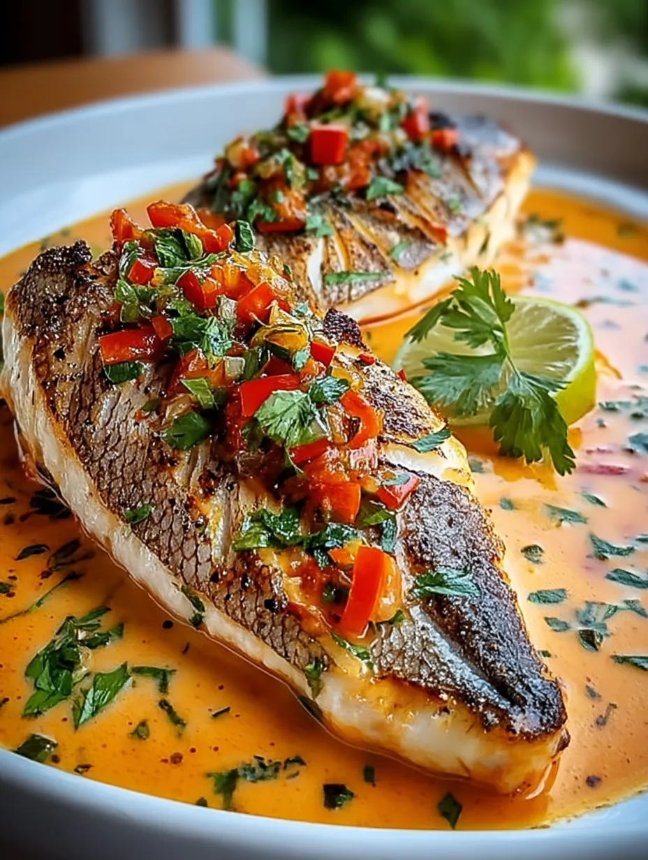 Plate topped with red snapper and lush Creole sauce.
