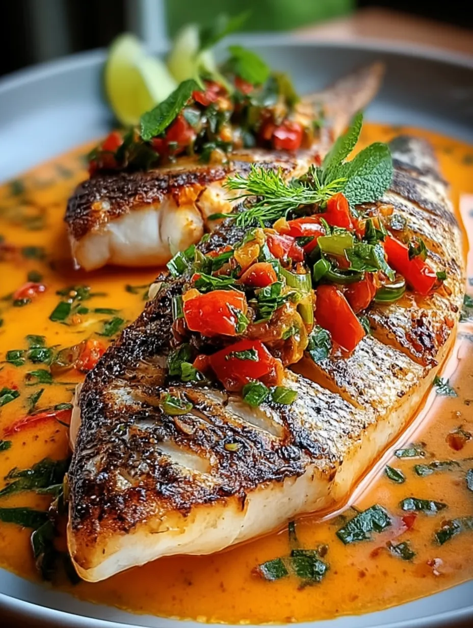 Red snapper covered in creamy Creole sauce sits on a plate.