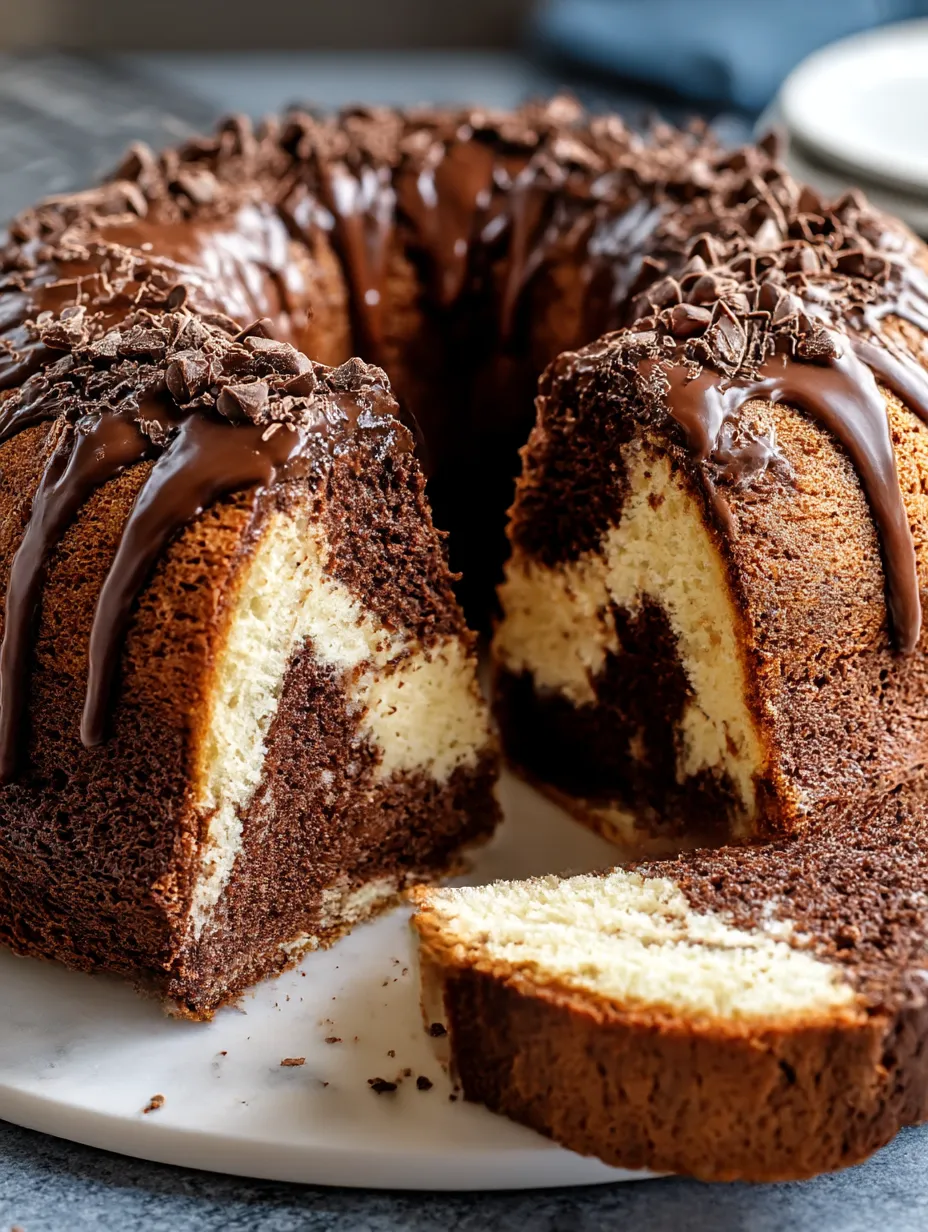 Slice of cake with chocolatey and vanilla swirls.
