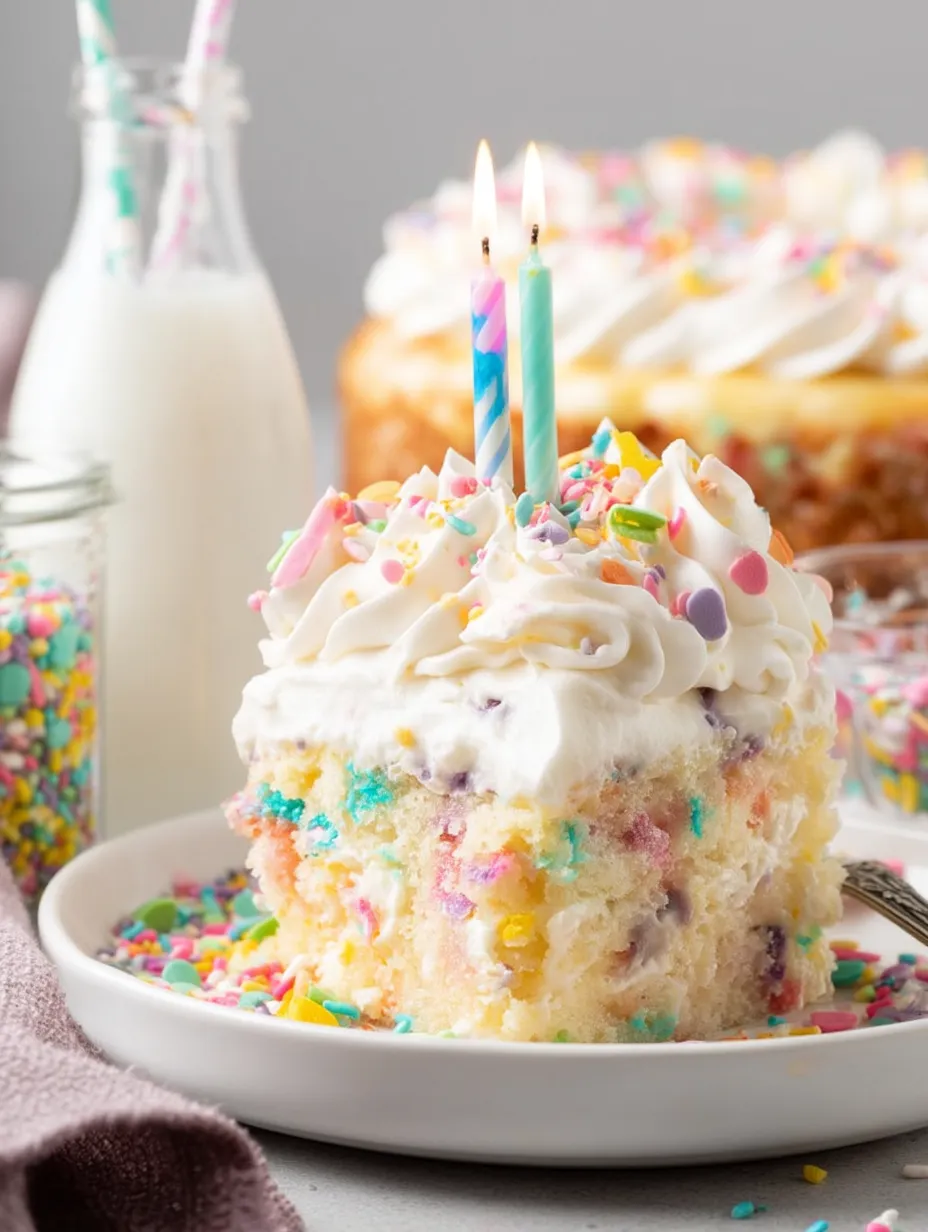A birthday cake topped with candles and a bottle of milk nearby.