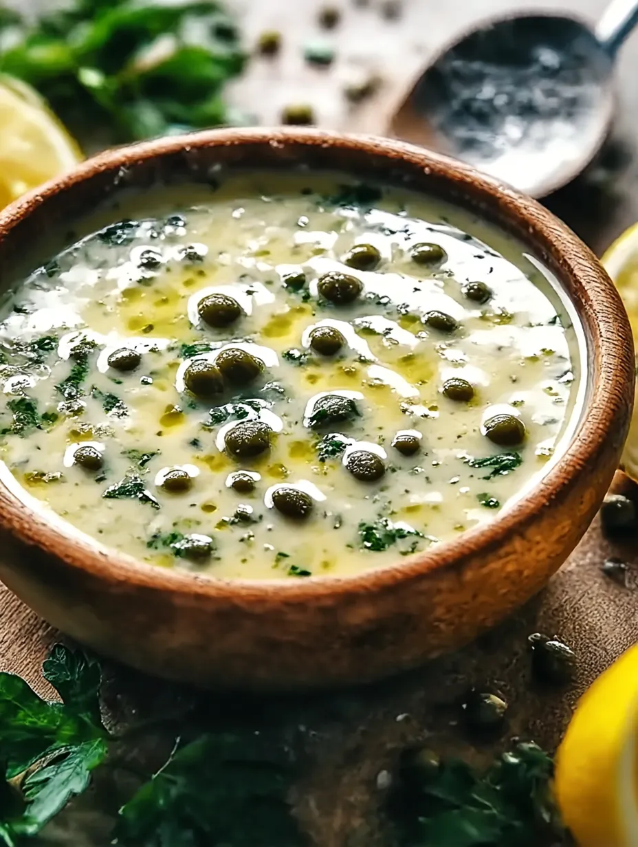 Bright lemon caper sauce in a pan.