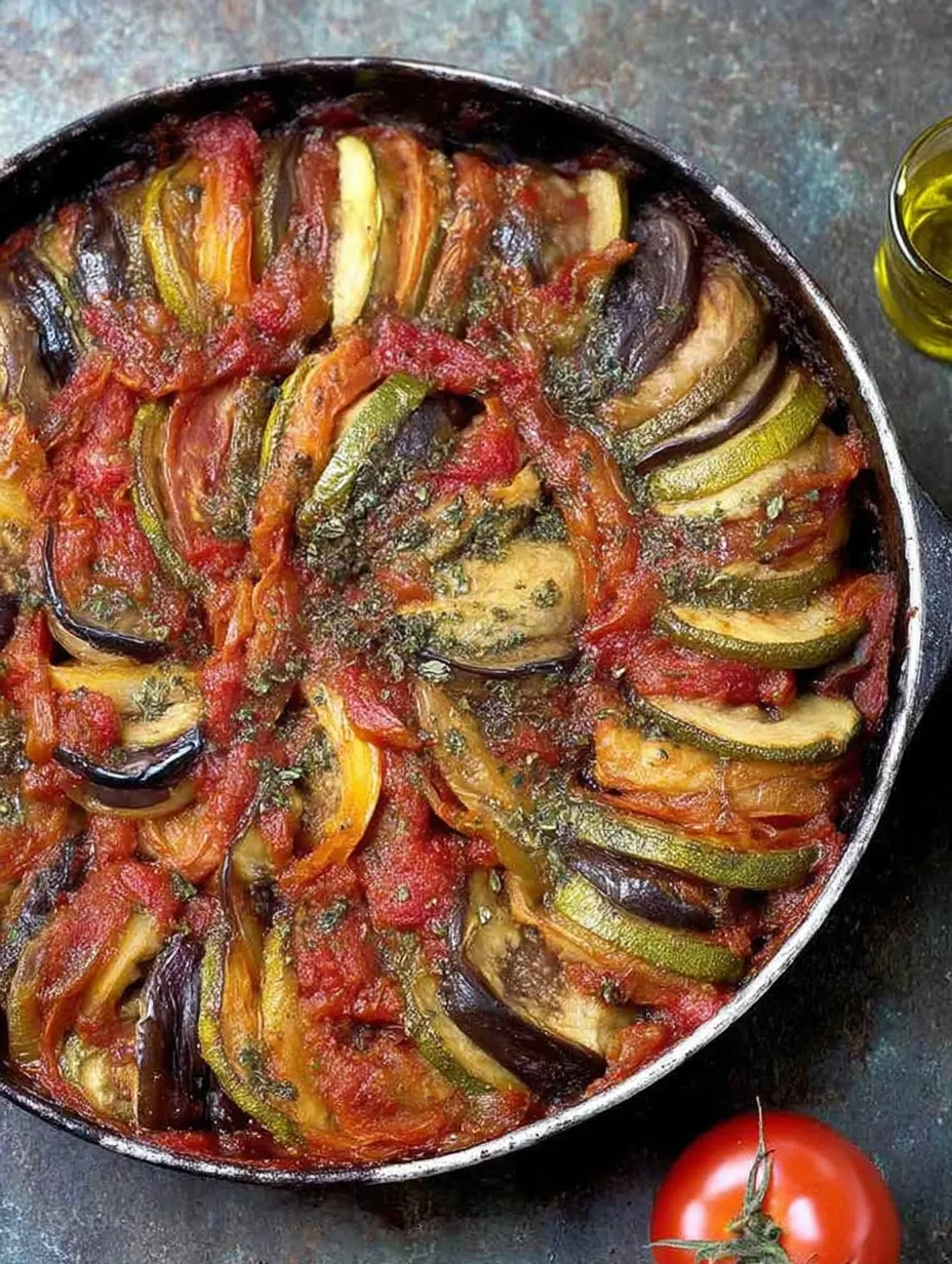 A pot full of Greek-style roasted veggies fresh from the oven.