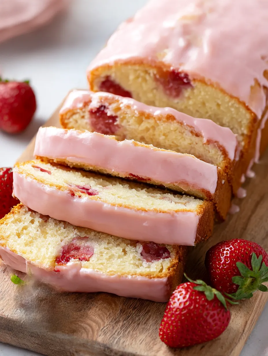 One slice of strawberry pound cake on a plate.