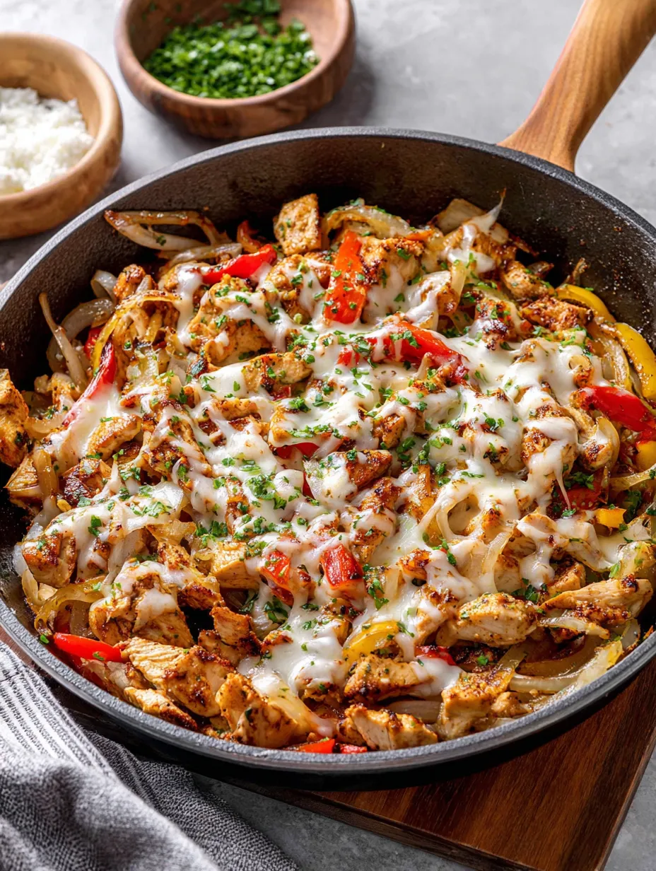Skillet packed with cheese-topped chicken and peppers.