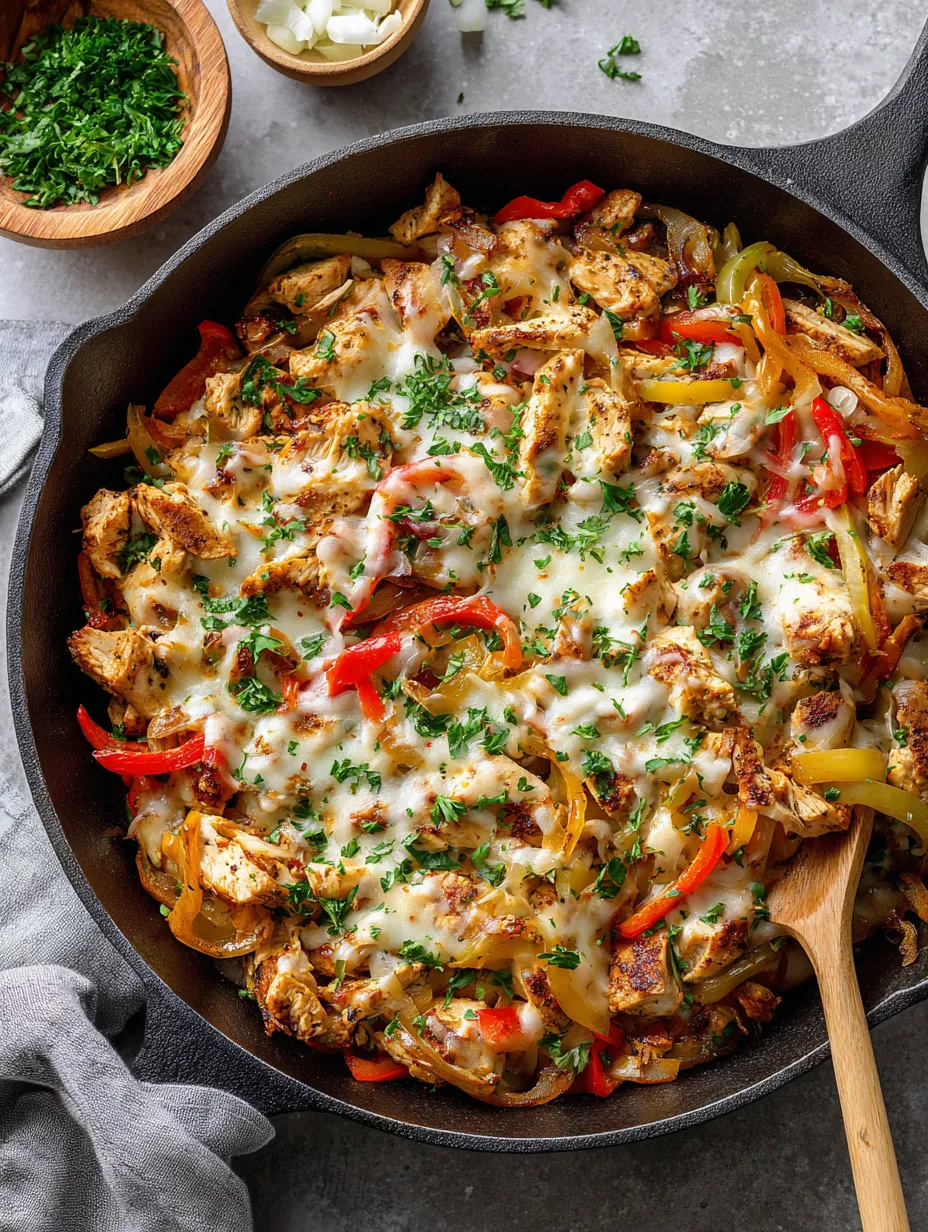 Big skillet with juicy chicken and peppers on top.