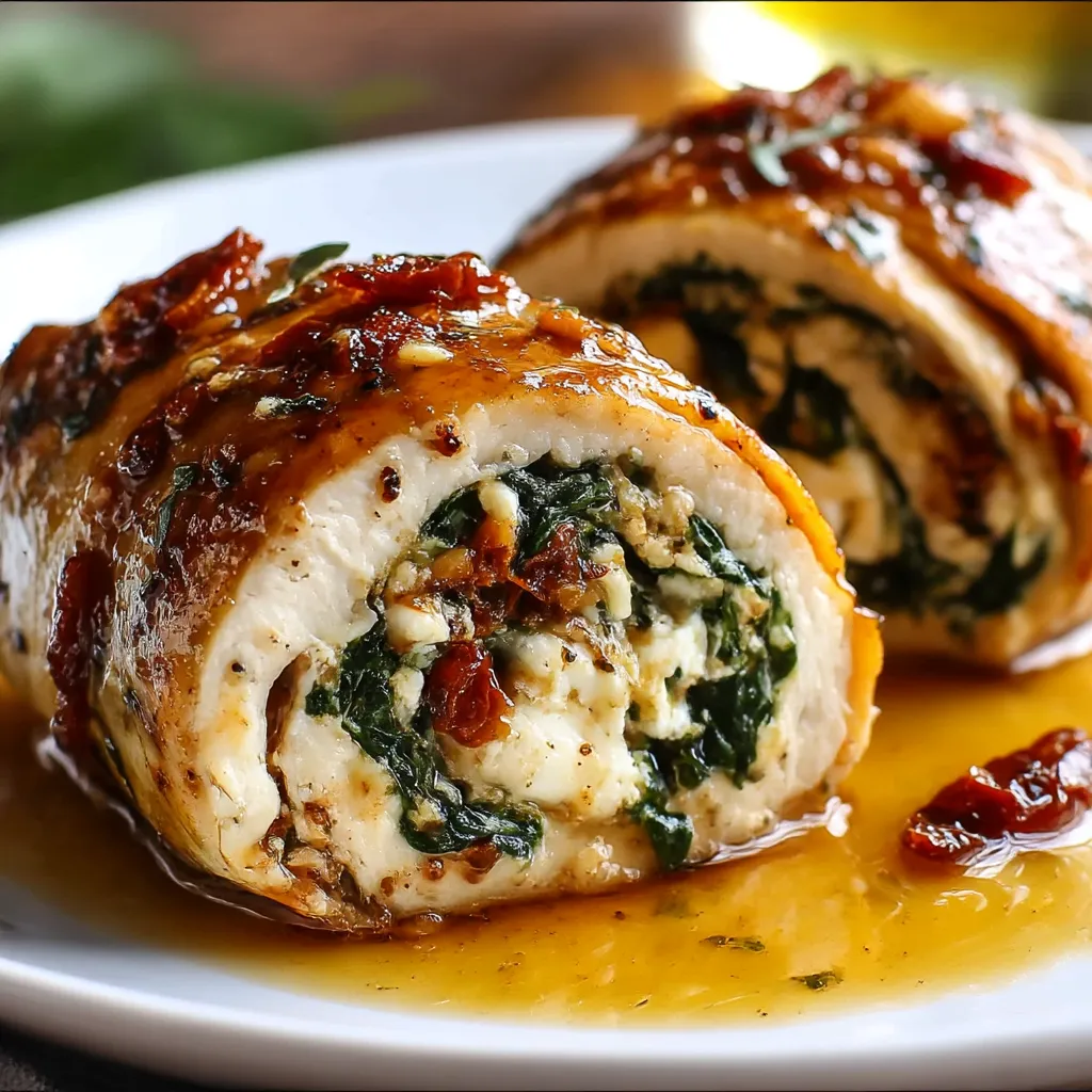 Chicken breasts rolled with feta, spinach, and sun-dried tomatoes, baked golden
