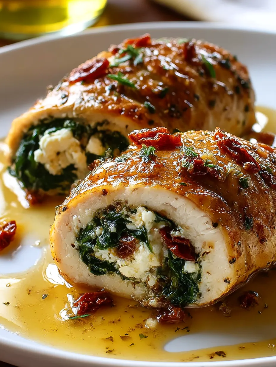 A plate showing rolled chicken stuffed with feta and spinach.