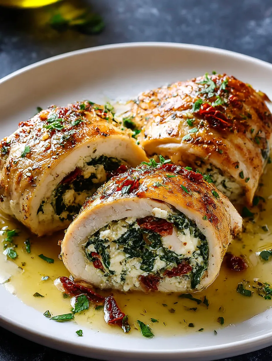 Plated rolled chicken stuffed with feta and spinach.