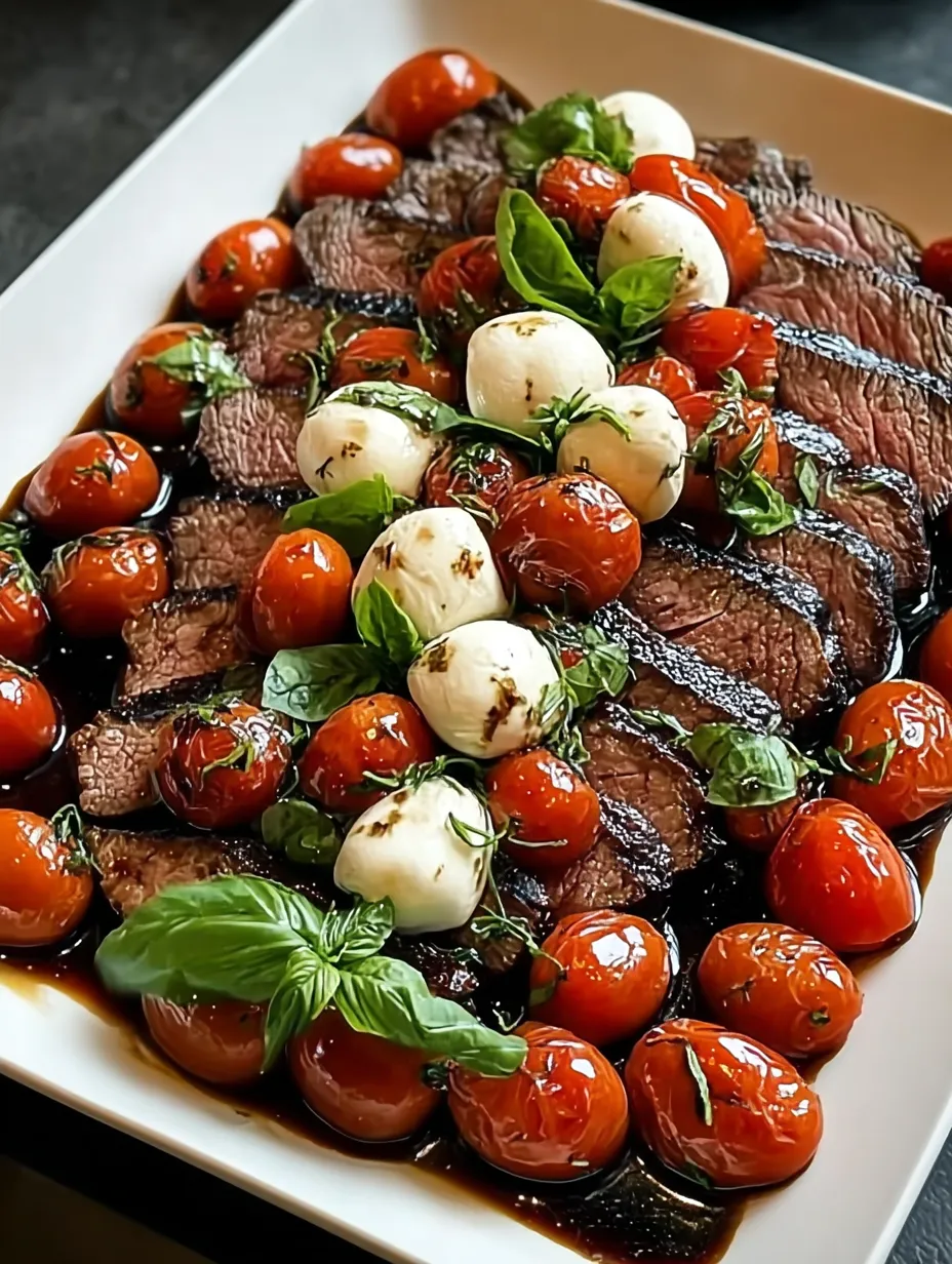 A serving platter piled with Balsamic Caprese Grilled Flank Steak.
