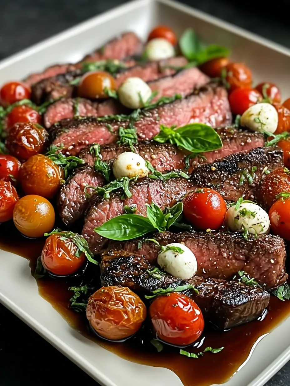 Platter of Balsamic Caprese Grilled Flank Steak served up fresh.