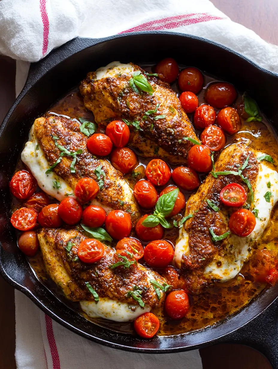 A pan packed with flavorful balsamic chicken topped with cheese, tomatoes, and basil.