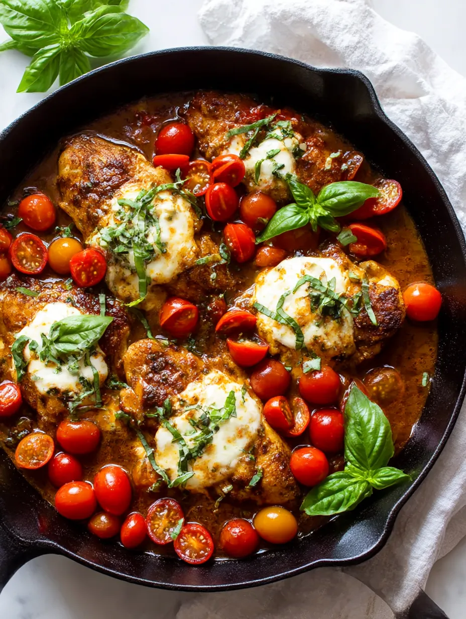 Skillet filled with saucy chicken, melted cheese, and roasted tomatoes—a crowd-pleaser.
