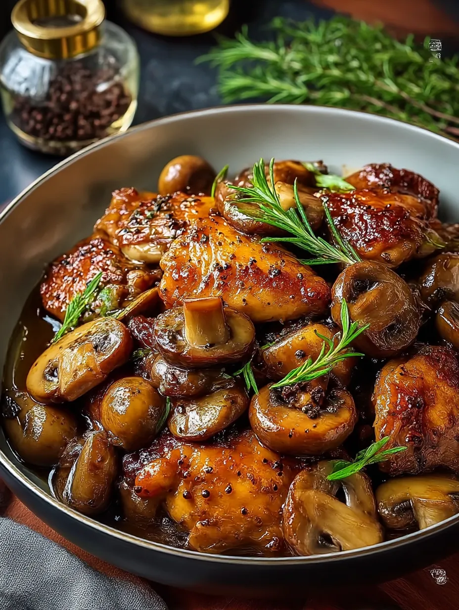 A plate loaded with black pepper chicken and mushrooms.