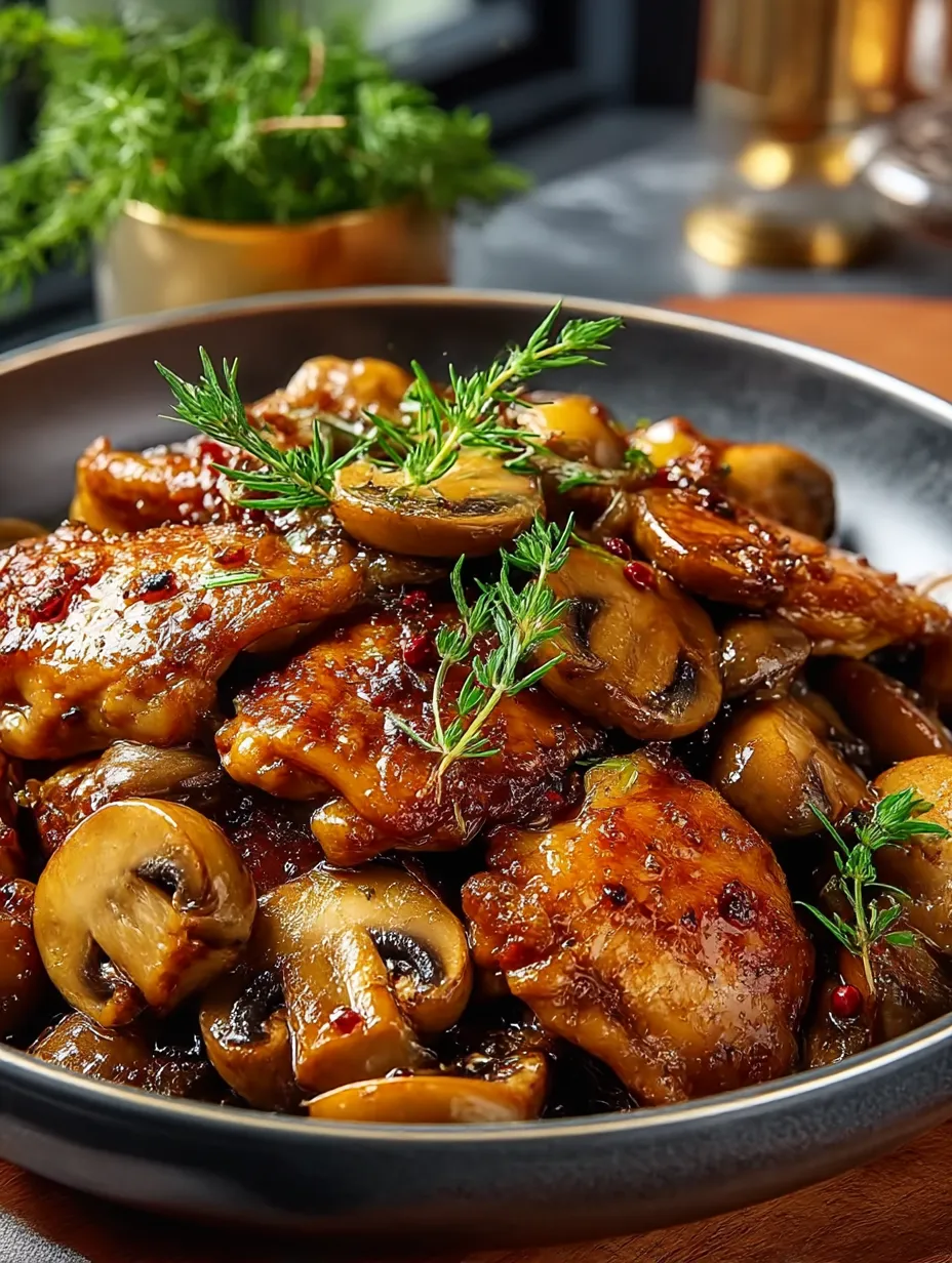 Bowl full of black pepper chicken and mushrooms.