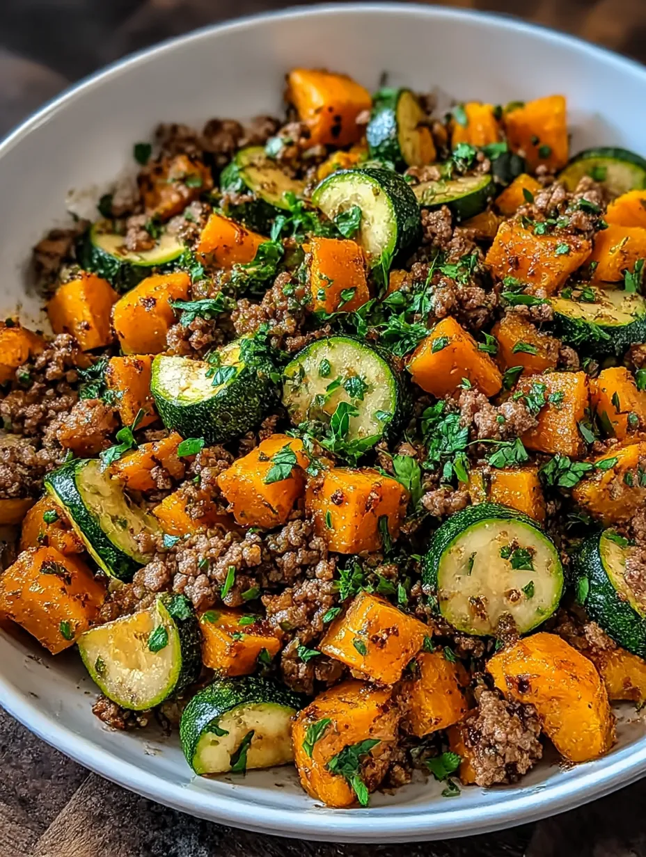 A bright bowl loaded with ground beef, sweet potato, and zucchini.