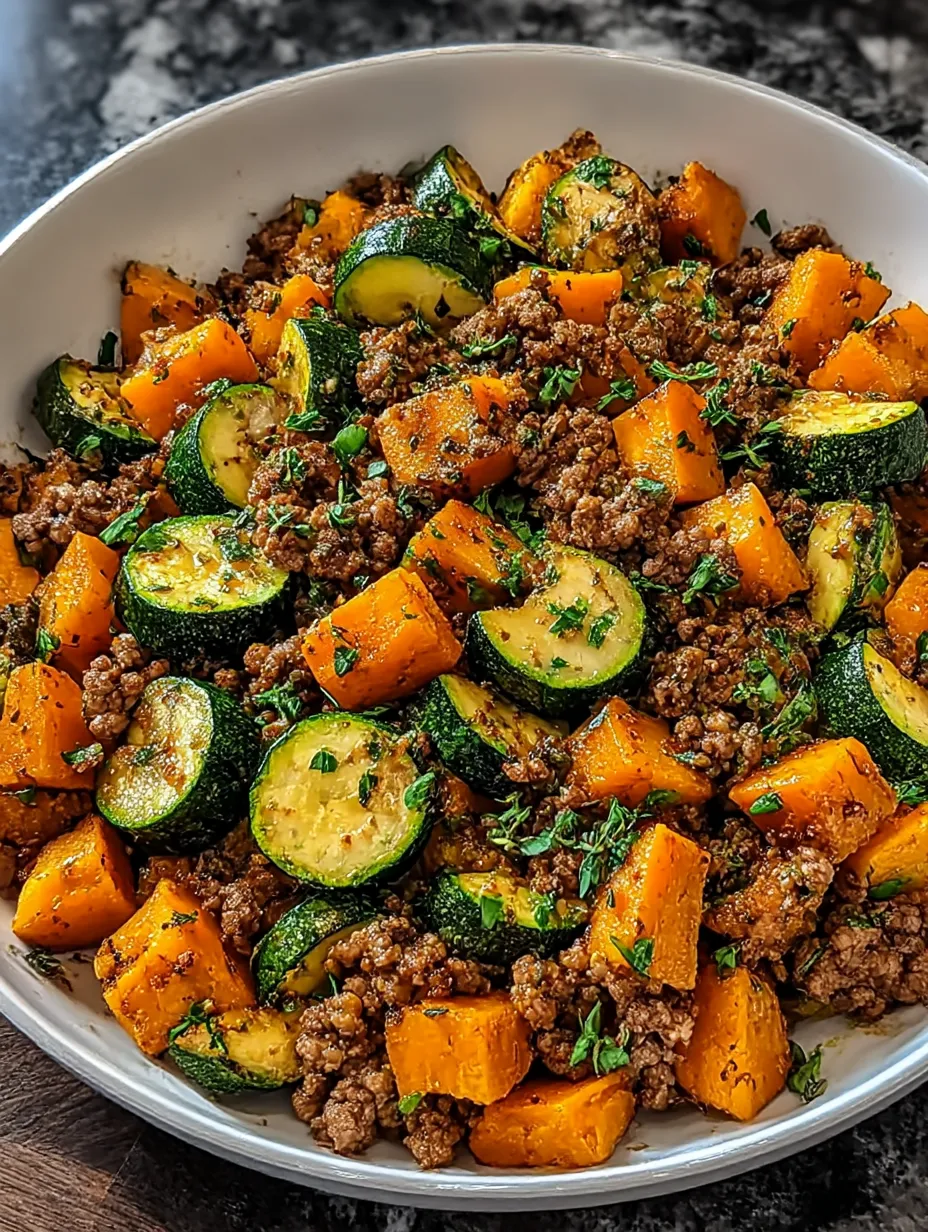 Hearty skillet with ground beef, zucchini, and sweet potato ready to eat.