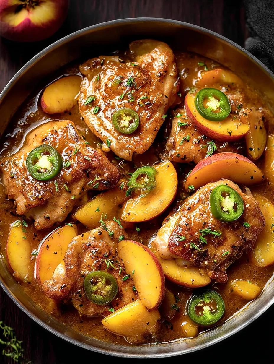 Jalapeno Peach Chicken in a white bowl fresh and bright.
