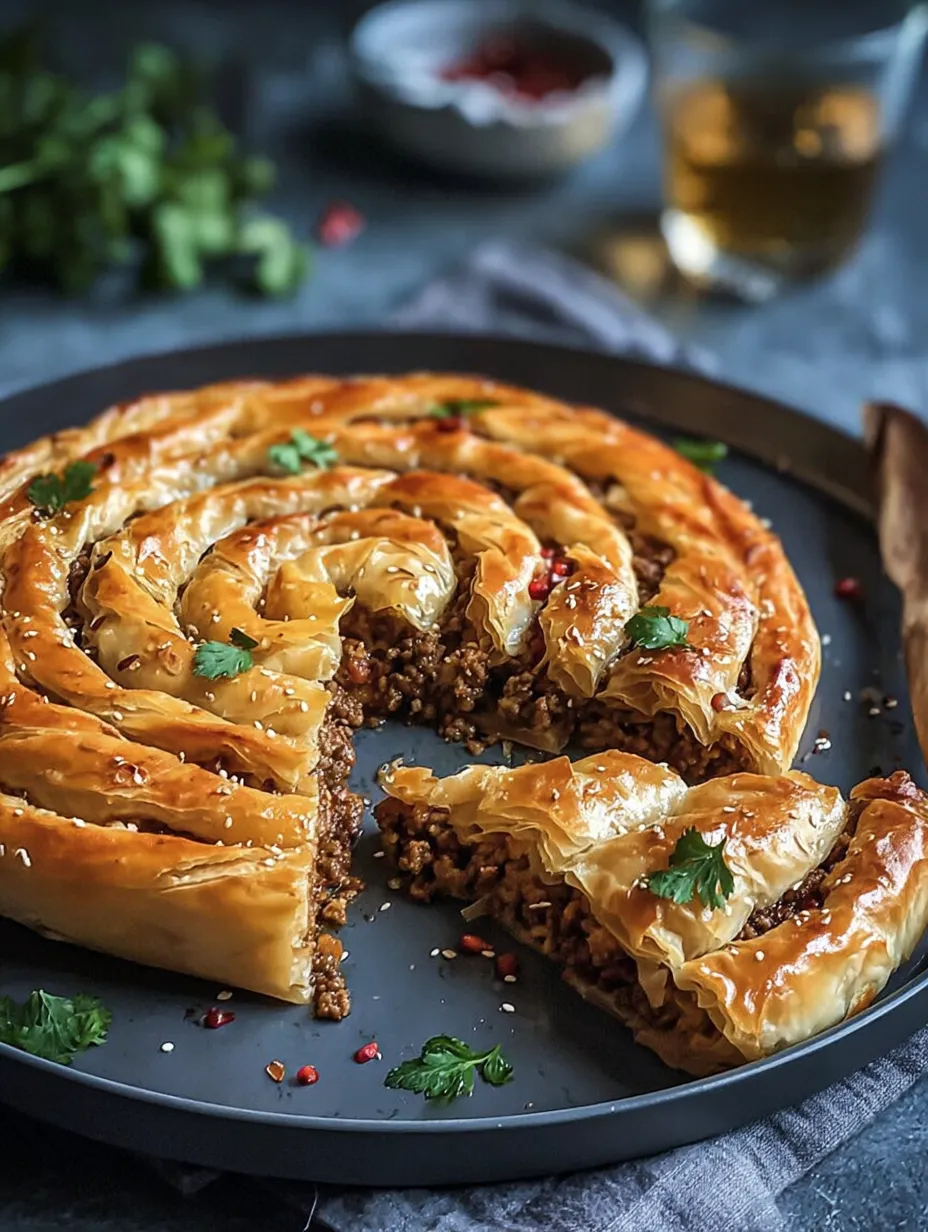 A wedge of golden Turkish Borek spiral.