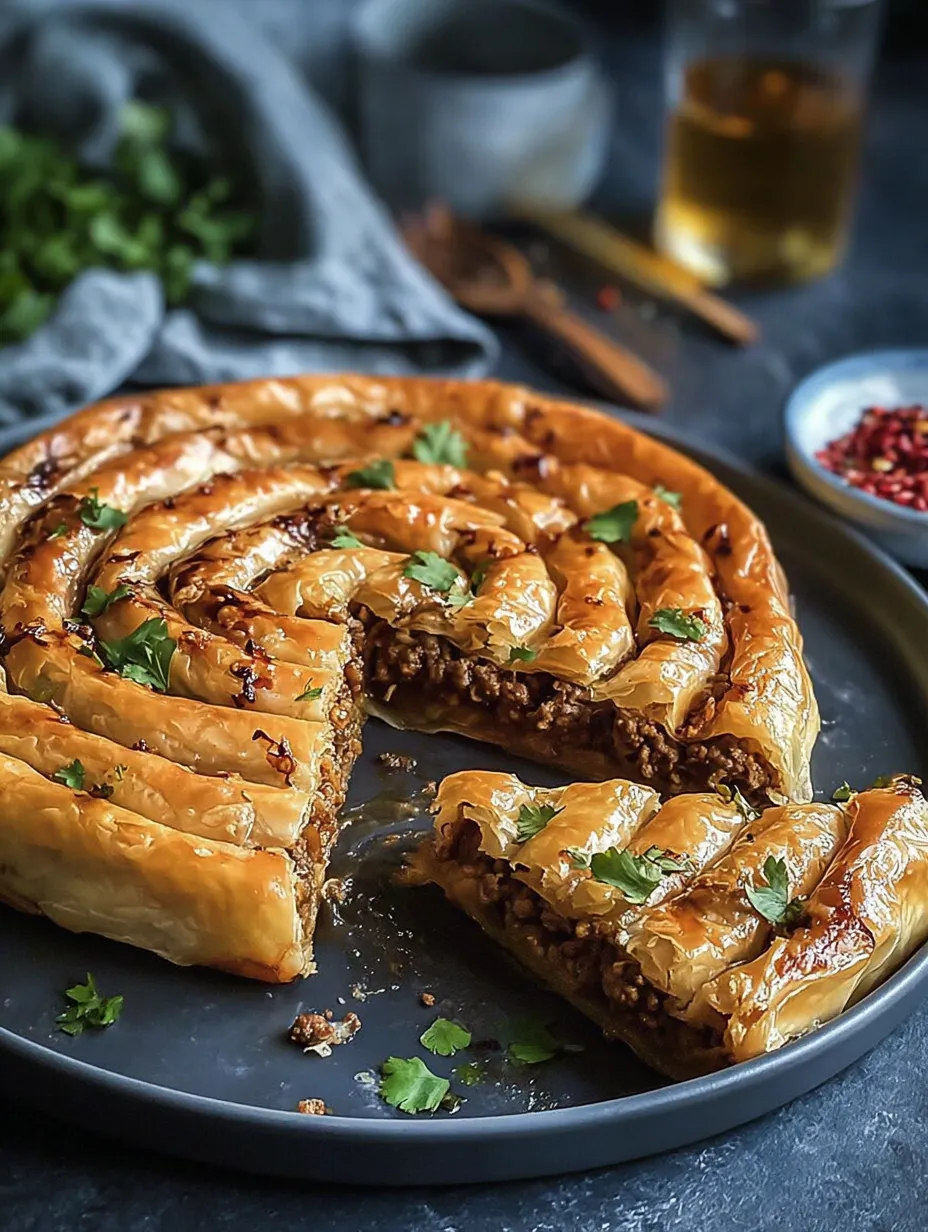 Cut wedge with spiced beef from Turkish spiral borek .