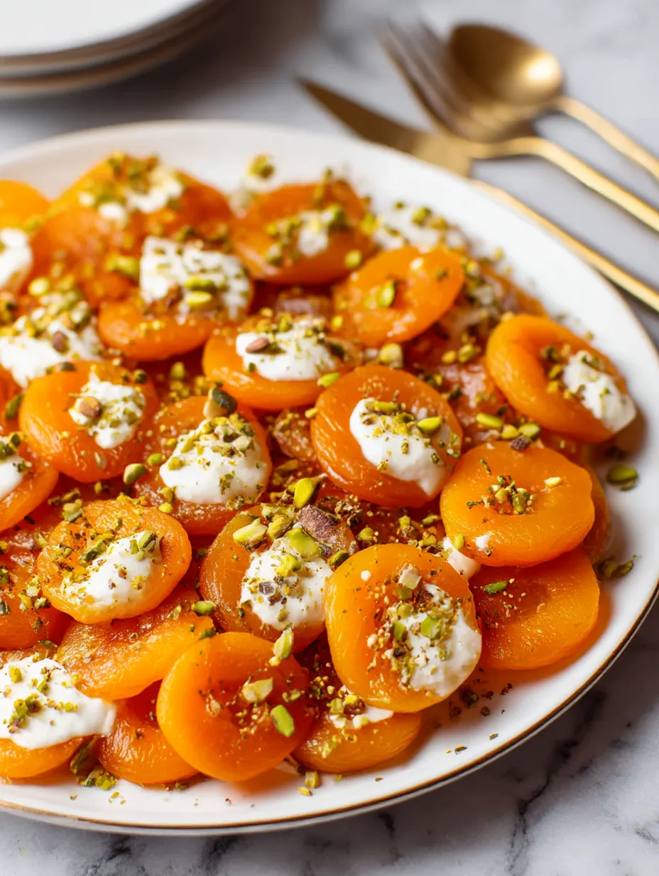 A tray filled with Turkish-style poached apricots crowned with ricotta.