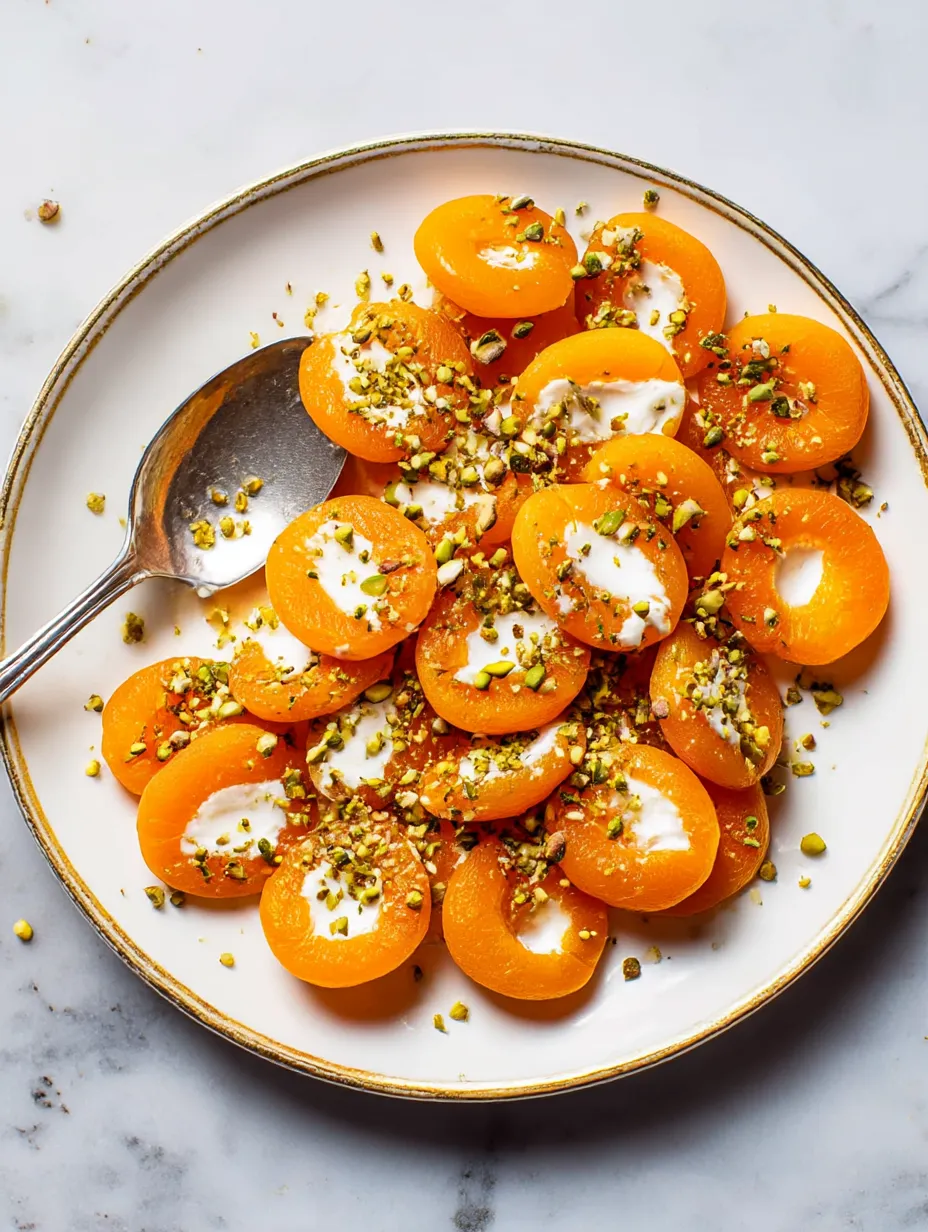 Turkish-style poached apricots with creamy ricotta shown on a platter.