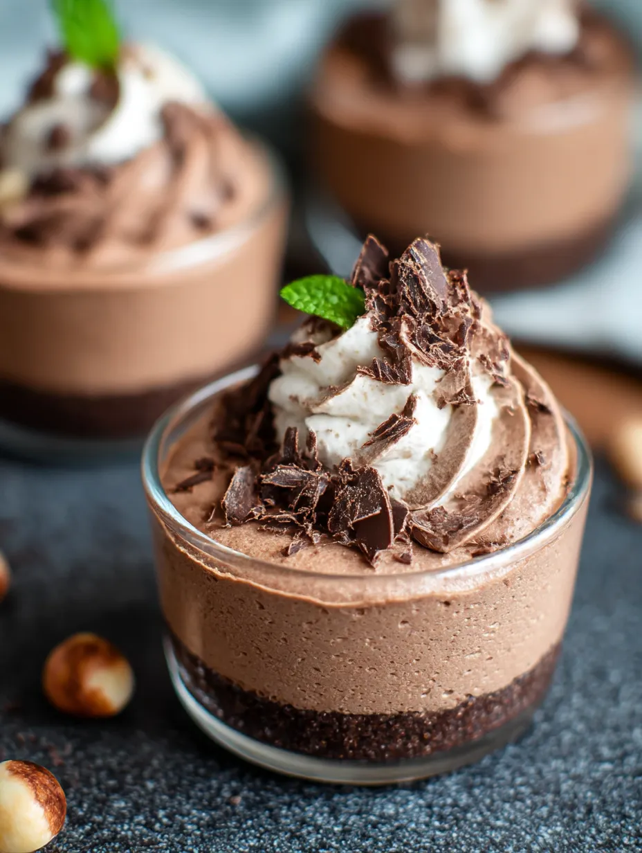 A cup filled with layers of chocolate, cream, and a fresh mint leaf on top.