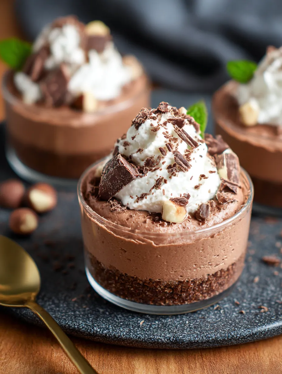 Layers of chocolate and cream with some chopped nuts sprinkled on top.