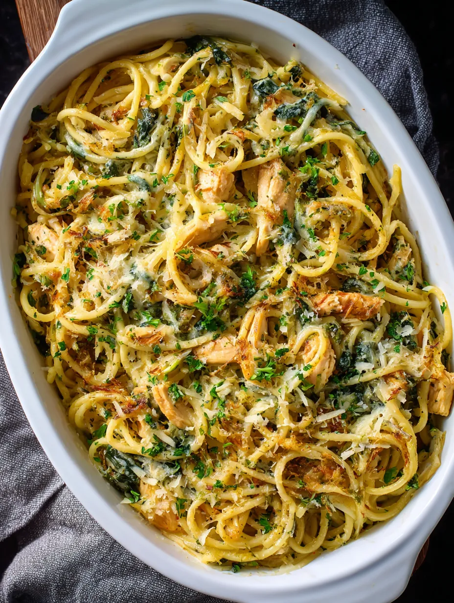 A bowl holding spaghetti, chicken, and spinach with melted cheese.