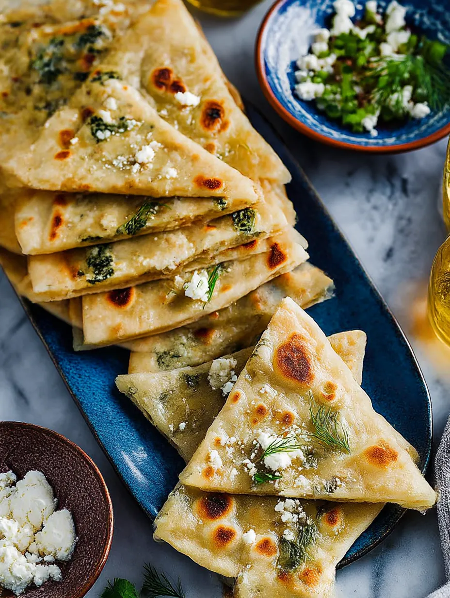 A plate piled with Spinach and Feta Filled Flatbread.
