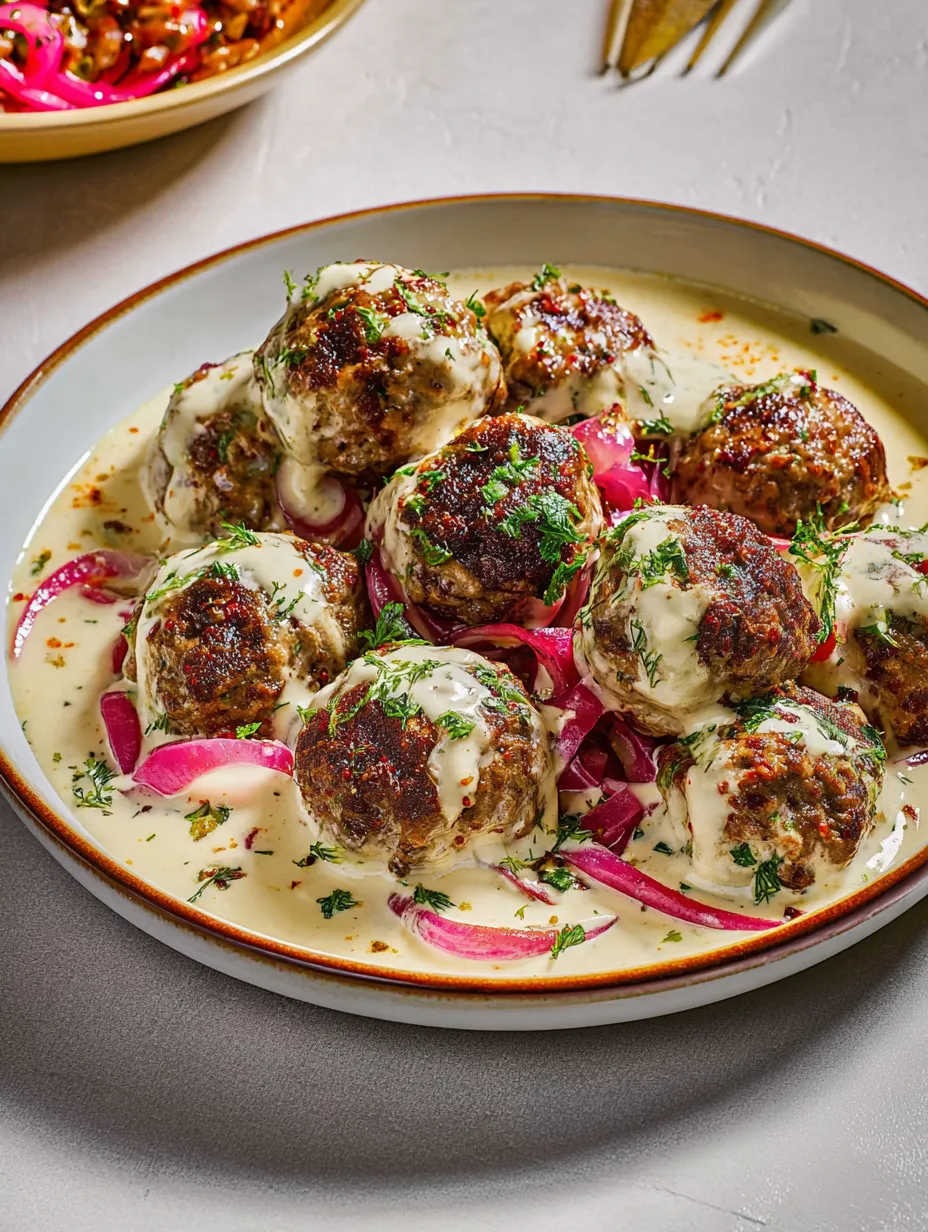 A plate stacked with saucy meatballs.