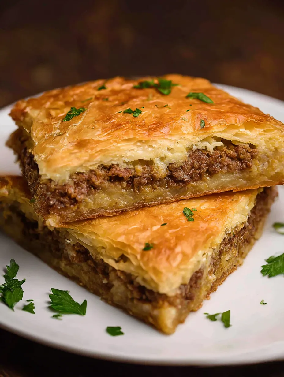 Golden Greek beef pie in phyllo layers.