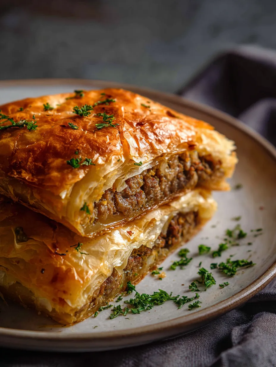 Serving of golden beef phyllo pie on a plate.