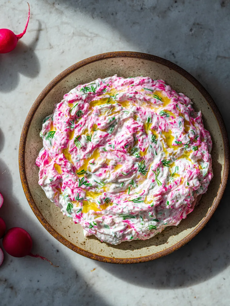 A bowl filled with Pink Radish Tzatziki.