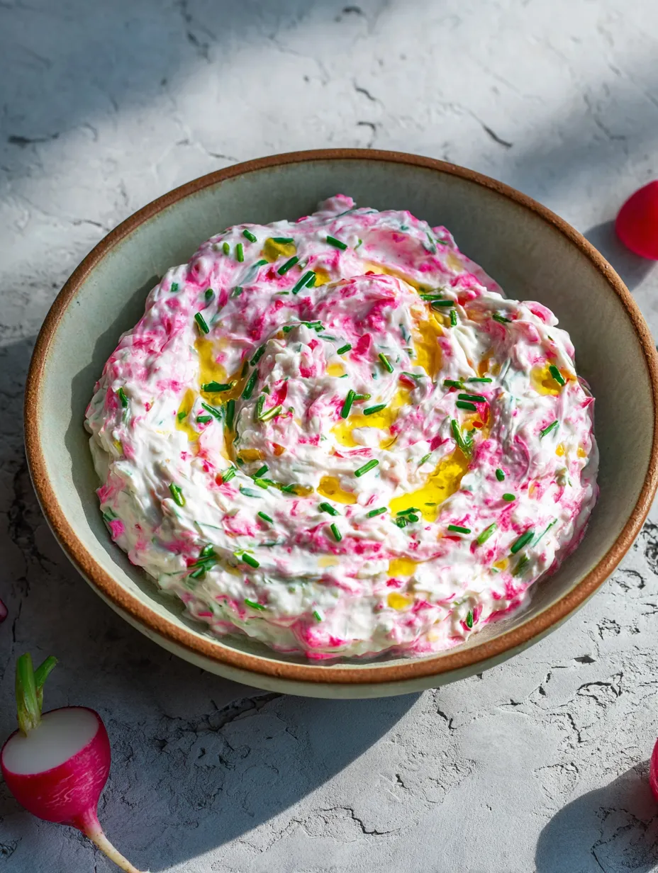 Bowl of Easy Pink Radish Tzatziki.